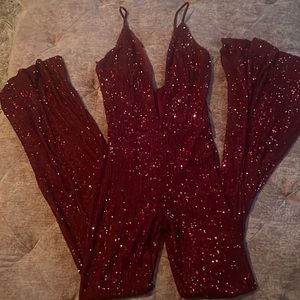 Burgundy Sequin V neck cut jumpsuit